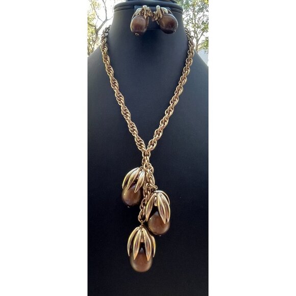 Vintage Napier Kumquat Moonglow Necklace & Earrings Set Brown Tone Goldtone High - Picture 10 of 16